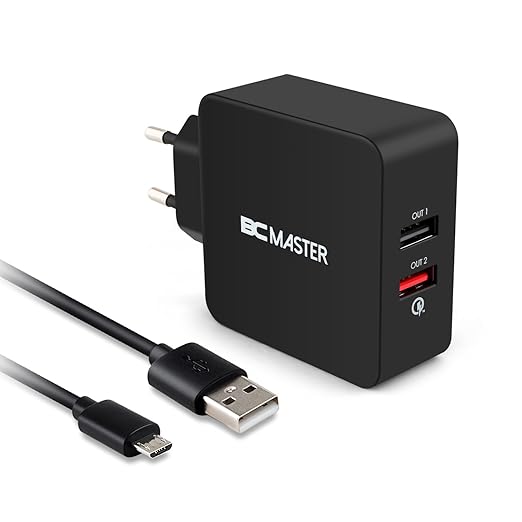 BC Master carga rapida Cargador de pared 30W Adaptador 2 Puertos USB Quick charge2.0+ 2.4A para Samsung S6 S7 edge Note 4 Note 5 con un 20AWG Cable 3.3FT Micro USB- Negro