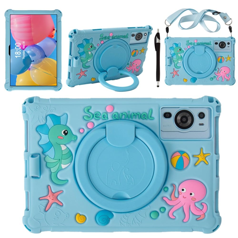 Photo 1 of 10.1 inch Android Tablet Case for ROWT A10?Cute 3D Cartoon Universal Protective Cover for aiprotablet C20e/Moderness MB1001/Callsky-Tab 10.1 inch Tablets (Blue Seahorses)