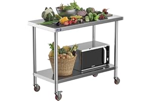 Leteuke Stainless Steel Prep Table with Wheels, 48" x 24" x 37", SUS201 NSF 800LBS Commercial Heavy Duty Stainless Steel Work Table with Adjustable Undershelf, Food Prep Table for Kitchen Restaurant