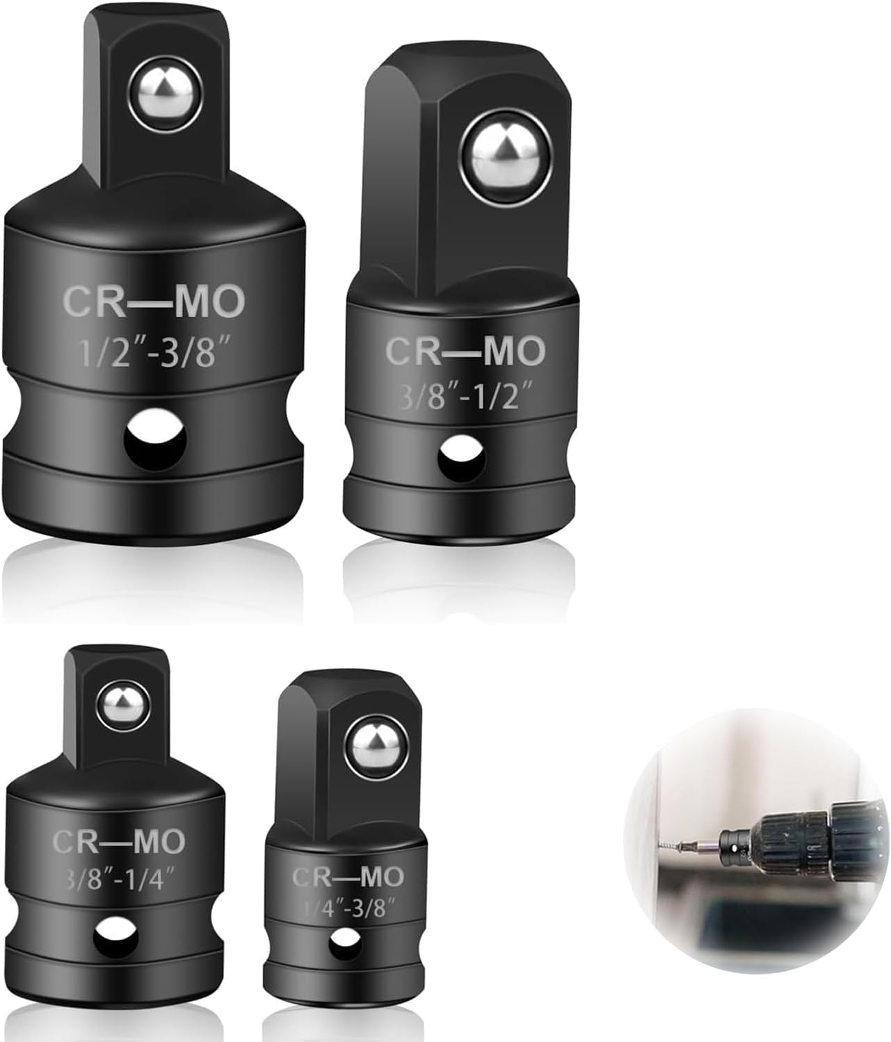 4-Piece Impact Socket Adapter Set - 1/2to3/8 | 1/4to3/8 | 3/8to1/4 | 3/8to1/2, Universal Joint Extension for Drill, Ratchet & Impact Driver - Durable