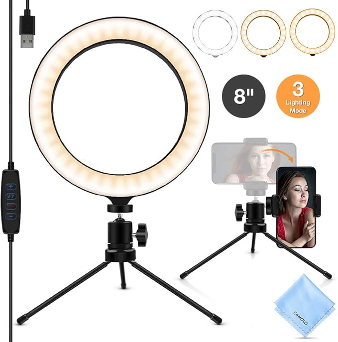 Ring Light, 8Inch LED Ring Light Mirror with Phone Holder