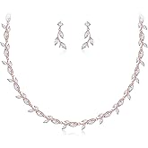 EleQueen Women's Wedding Cubic Zirconia Elegant Leaf Design Necklace Dangle Earrings, Bridal Jewelry Sets for Party Prom