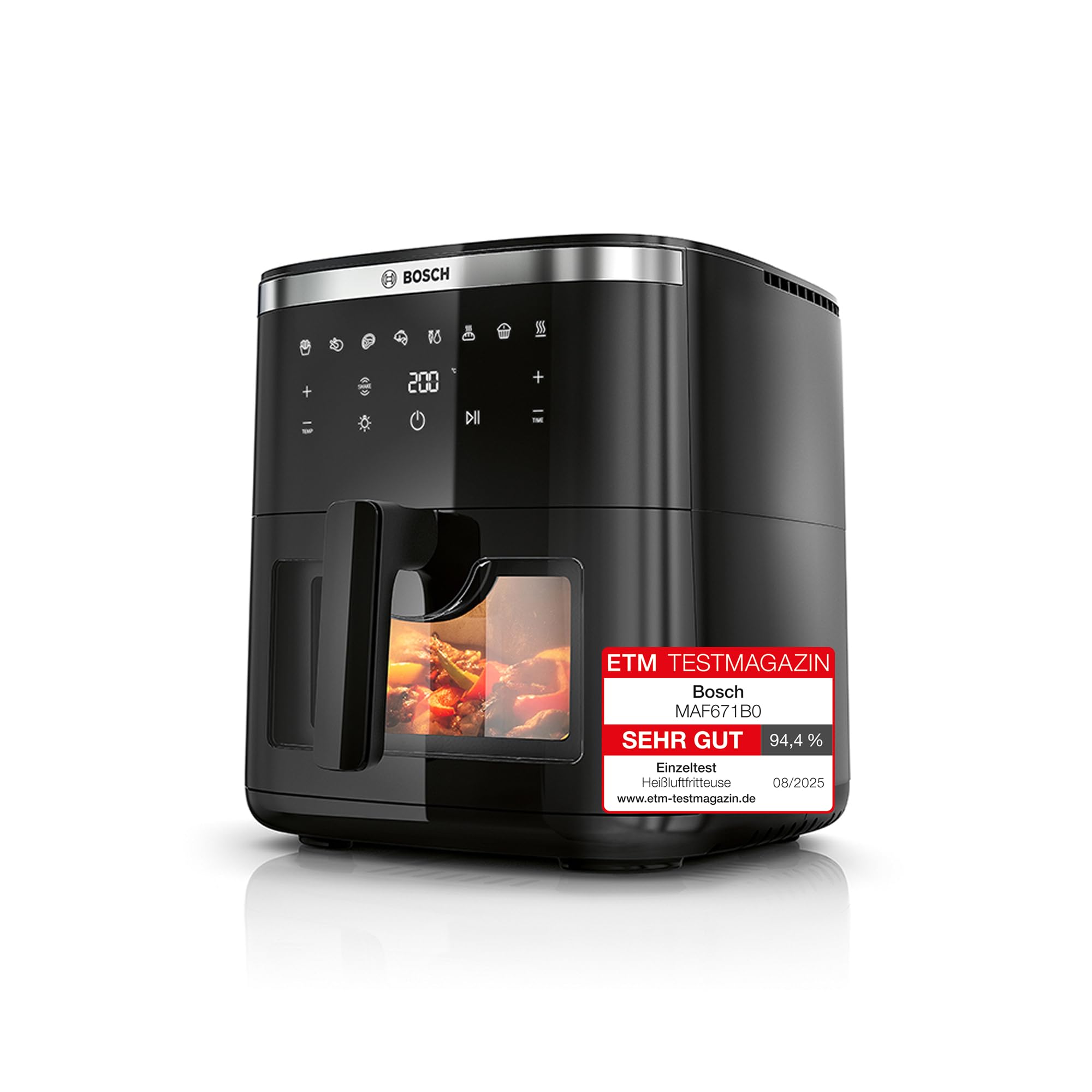 Bosch Heißluftfritteuse Serie 6, XXL 7,2 L Fassungsvermögen, 7 voreingestellte Programme, beleuchtetes Sichtfenster, bis zu 65% schnelleres Kochen, AirFryer in Schwarz, MAF671B0