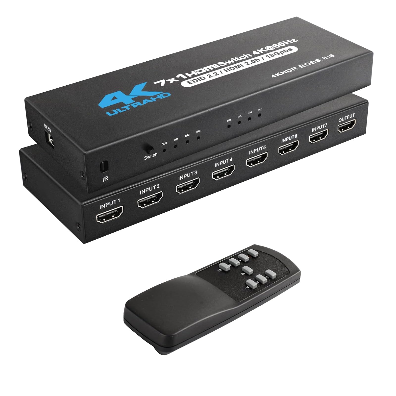 HDMI switcher 7 in 1 Out 4K 60Hz 7x1 HDMI 2.0 Switcher with Wireless IR Remote Supports 3D Dolby Vision/Atmos for HDTV Digital Projectors Home Cinema XBOX, PS5/4, Roku, Fire Stick
