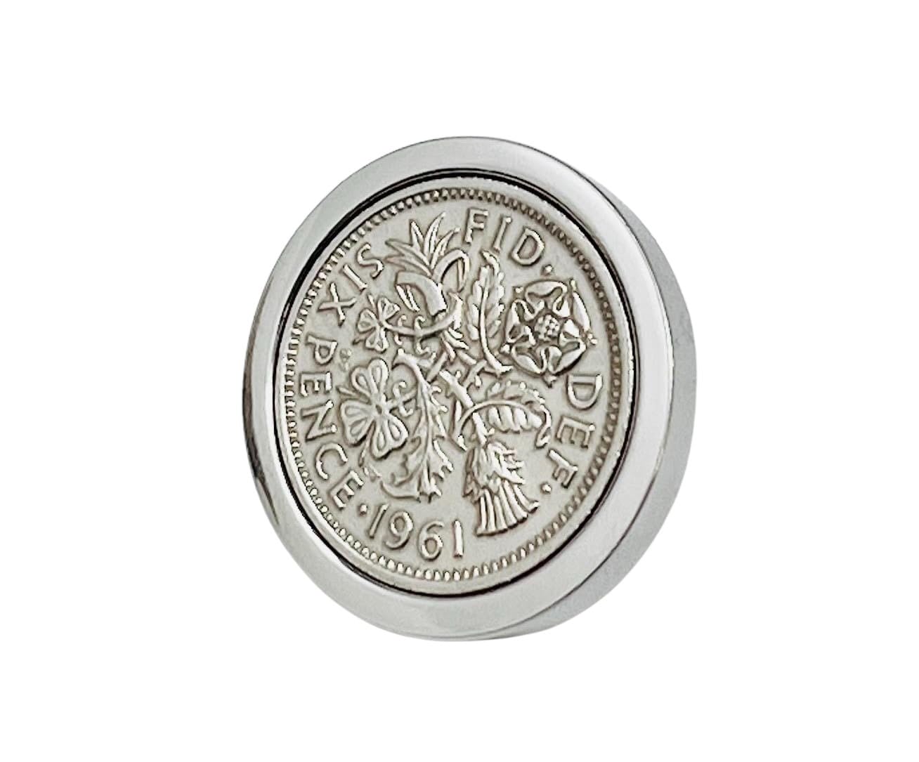 Genuine Polished 1961 Sixpence in Lapel Pin | 1961 anniversary, 65th birthday