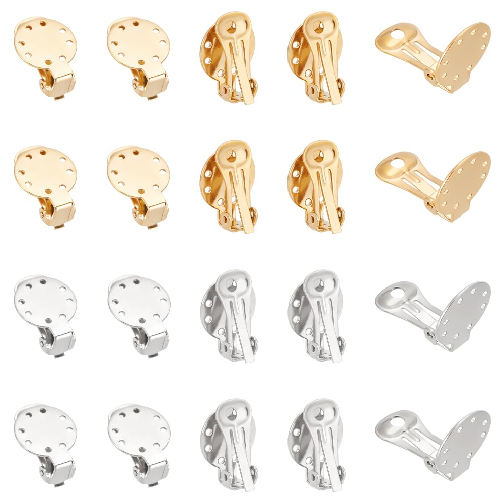 UNICRAFTALE 20pcs 2 Color Stainless Steel Clip-on Earring Flat Round Earring Non-Piercing Earrings Metal Clip Earring Setting for Jewelry Making 20x15x9mm