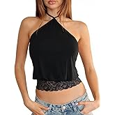 Misng Womens Halter Going Out Tank Tops Sleeveless Lace Trim Y2k Summer Sexy Camisole Crop Top