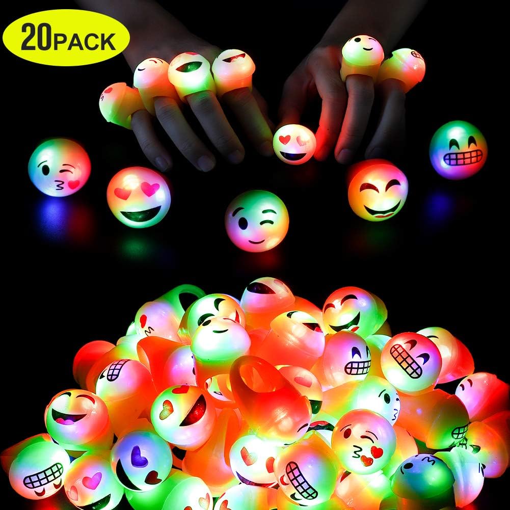 wgde toy Birthday Party Favors for Kids Prizes Flashing 20 Pack Emoticon Package LED Light Up Rings Christmas Toys Gifts for 5-16 Year Old Girls Boys Bulk Blinky Glow in The Dark Party Supplies
