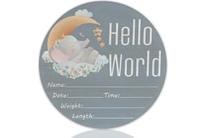 CLHHM Hello World Birth Announcement 6" Round Birch Wood Newborn Sign for Nursery Hospital & Baby Shower, Personalized Baby Name Plaque, Keepsake Décor Gift for New Parents (Grey Elephant)