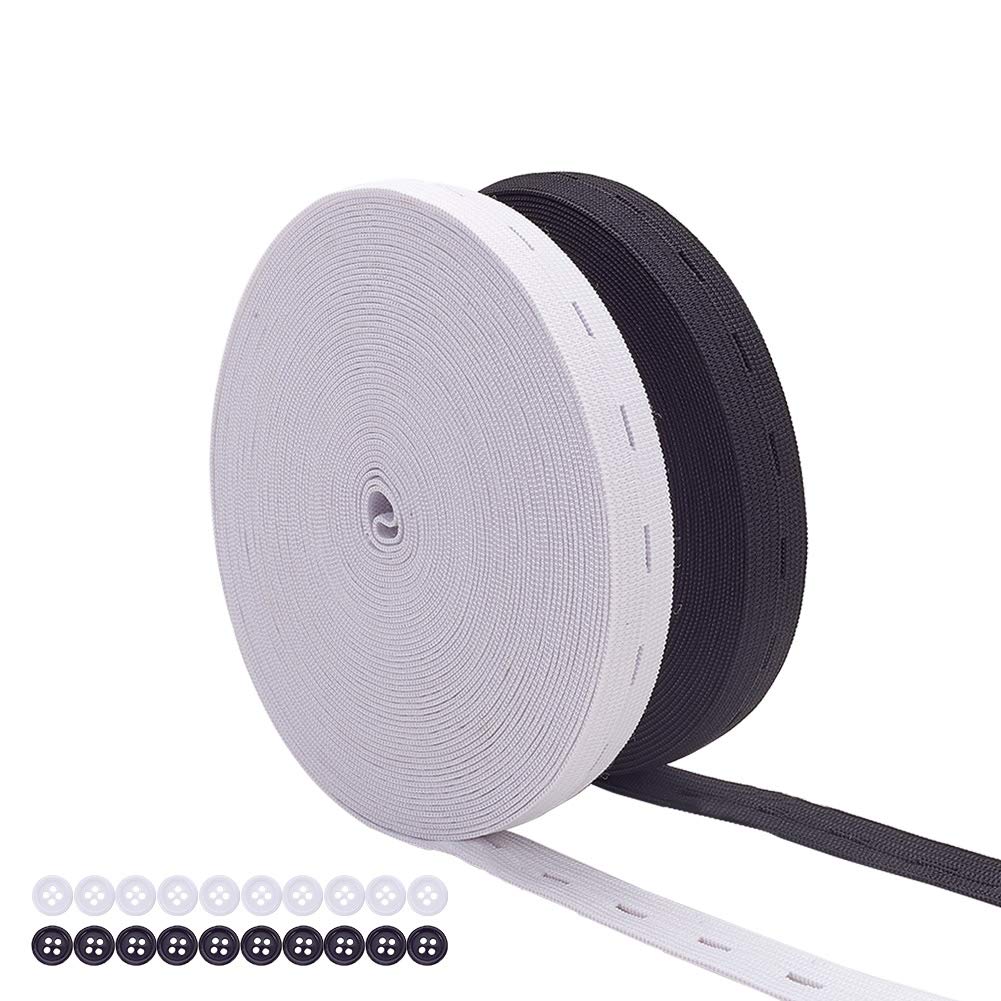 BENECREAT 15mm 18 Meters/20 Yards Elastic Stretch Band Buttonhole Knit Elastic Band and 20PCS Resin Buttons for Skirts Shorts Pants Waistline Adjusting (9m White, 9m Black)