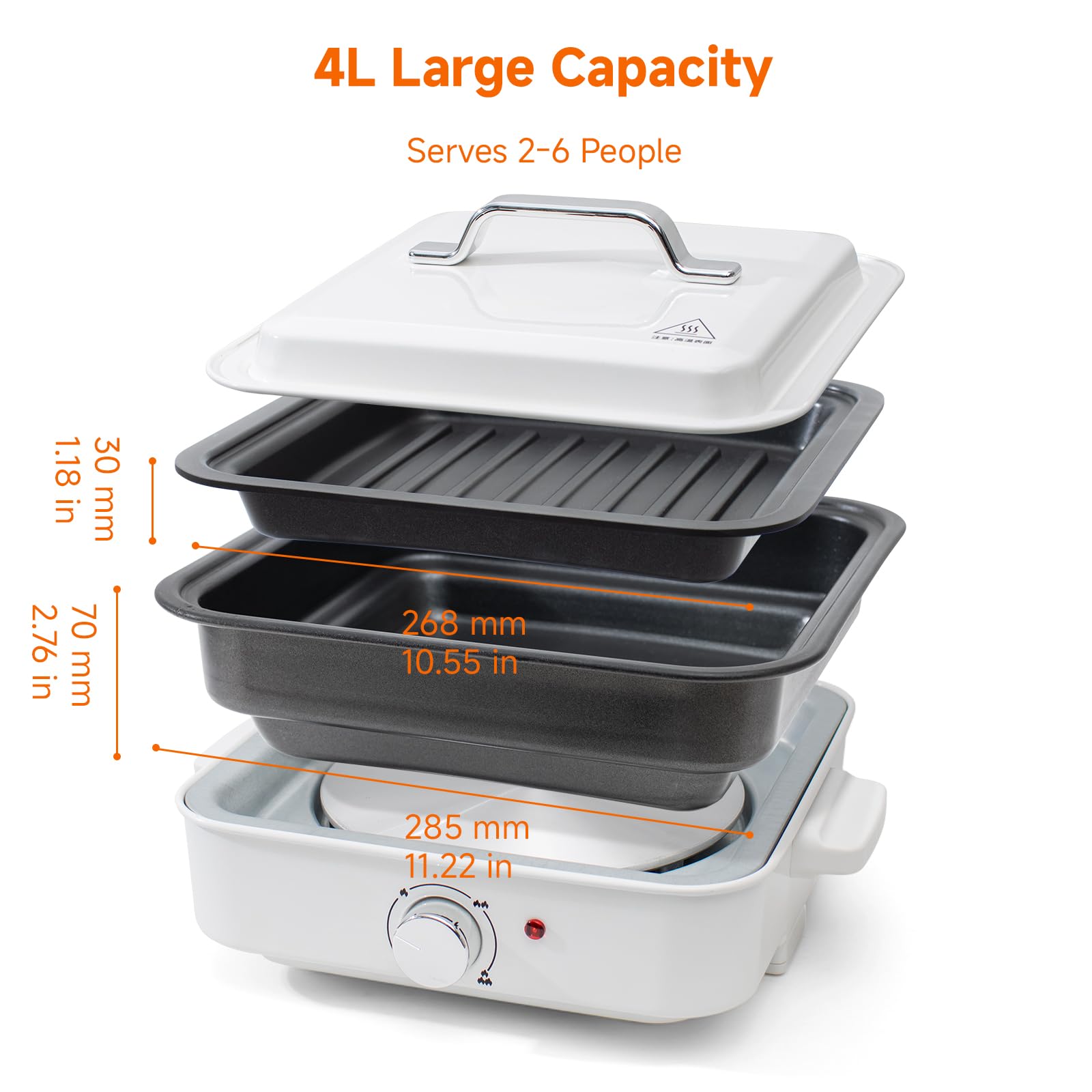 2-in-1 Electric Hot Pot, 4L Non-Stick Portable Shabu Pot with Grill Pan & Removable Pot, Non-stick Ceramic Oil Coating, Multi-Power Control 400W/1200W Non-Stick Pot for Dorm, Office, Apartment, White