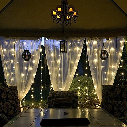 GreenClick 594 LEDs Fairy Curtain String Icicle Hanging Lights With Remote, 19.6ft Lenght-10ft Wide Christmas Waterfall Backdrop Lights, 8 Lighting Modes, UL Listed Adapter, 6 hours Timer, Warm White