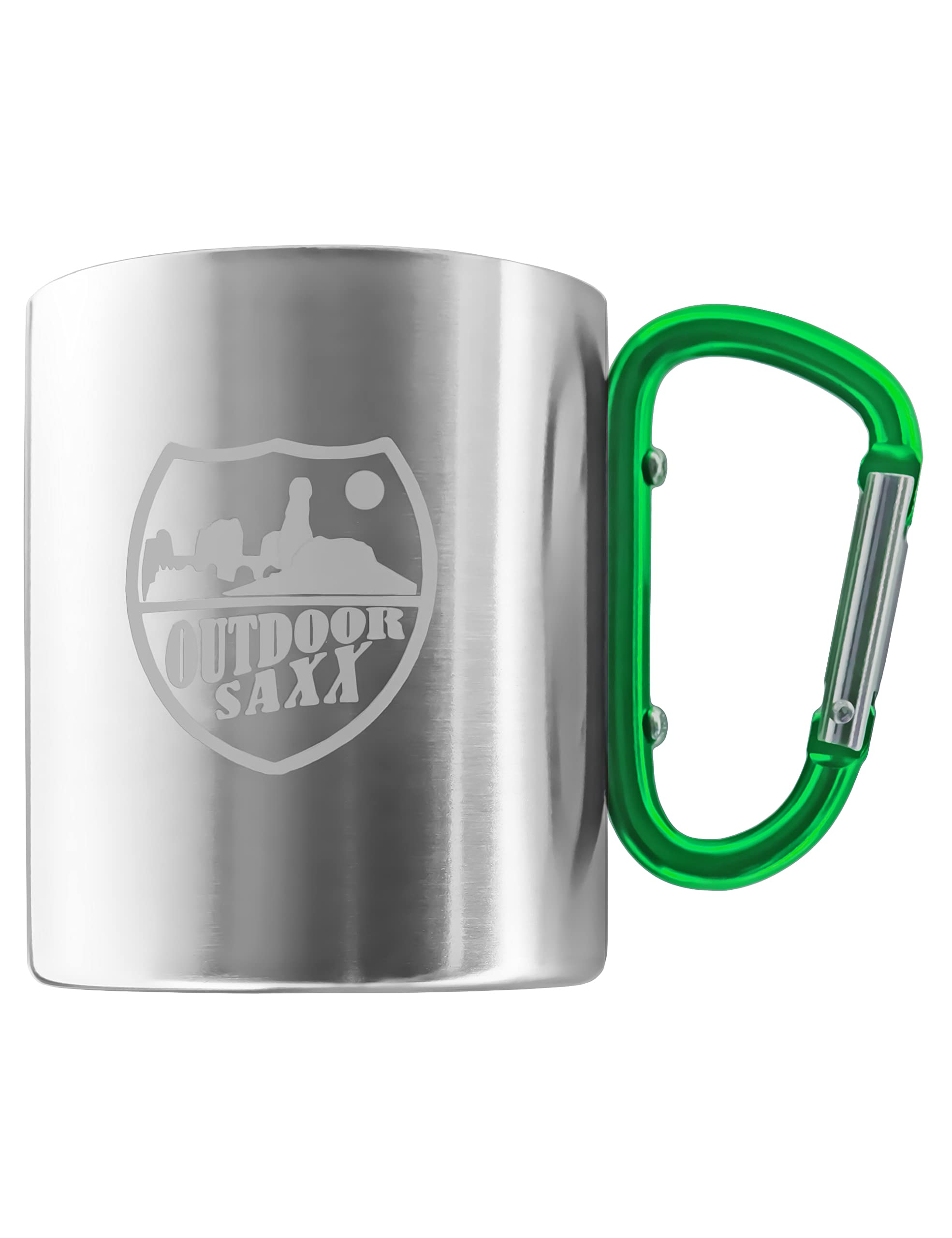OUTDOOR SAXX® Stainless Steel Mug with Carabiner Handle and Laser Engraving (Green)