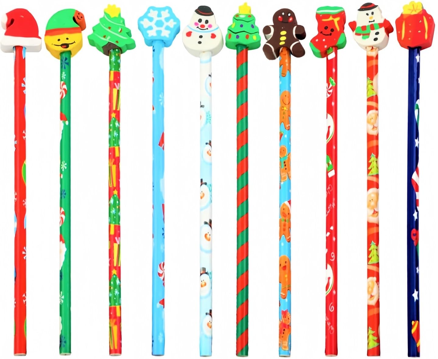 KAHEIGN 50Pcs Christmas Pencils with Erasers, 10 Styles Cartoon Erasers on The Pencil End, Snowman Stocking Gingerbread Man Hat Christmas Tree Pencils for Kids Xmas Stocking Box Fillers Party Favours