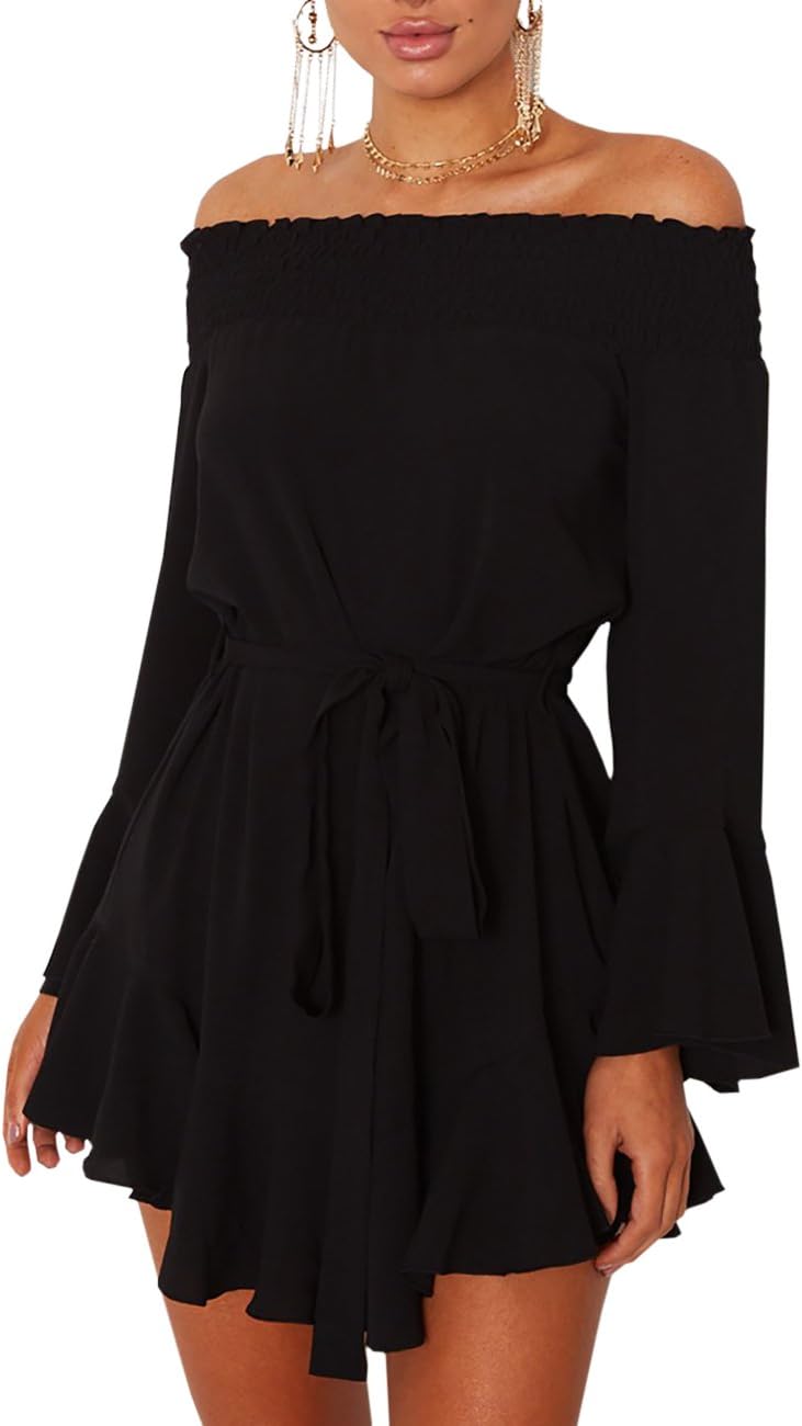 DUBACH Womens Off Shoulder Flared Drop Hem Tied Casual Dress
