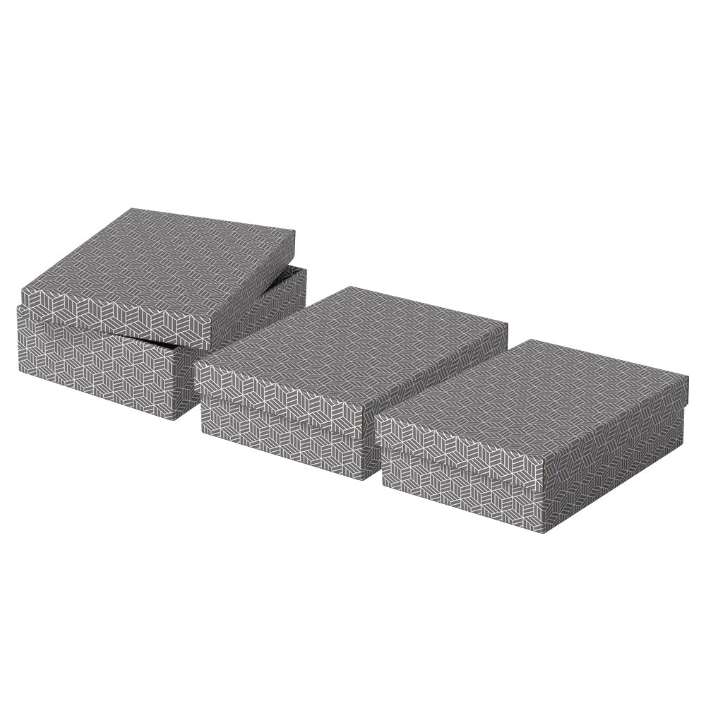 Esselte Medium Storage & Gift Box With Lid, Pack Of 3, Home/Office Storage, Organisation & Gift Packing, 100% Recycled Cardboard, 100% Recyclable, Geometric Design, Grey, 628285
