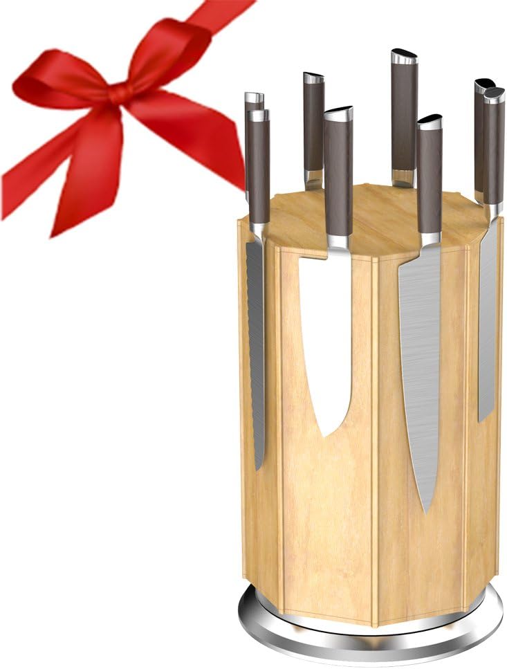 Knife Block，Cuteadoy 360°Rotating Bamboo Magnetic Knife Rack/Holder, Winner of Kitchen Test,with Aluminum Alloy Base and Non-Slip Feet, Luxury Gift and Amazing Handicraft (Natural Bamboo)