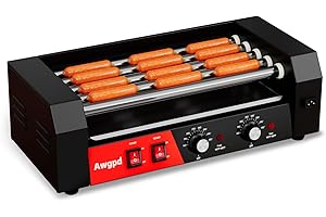 AWGPD Hot Dog Roller 5 Rollers 12 Hot Dogs Capacity, 750W Stainless Commercial Sausage Grill Cooker Machine with Dual Temp Control,Removable Drip Tray for Party Home Commercial (5 Roller)