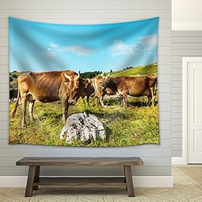 Cows Grazing in a Typical Alpine Landscape - Fabric Wall Tapestry Home Decor - 51x60 inches