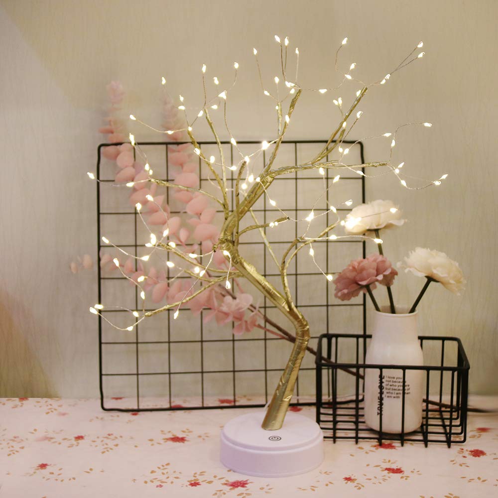 GUOCHENG Starry Copper String Tree Lamp LED Battery&USB Decorative Table Night Light 23.62 inch with 108 Warm White LEDs Firefly Lights Decor for Valentine's Day Party Wedding Bedroom(Gold)