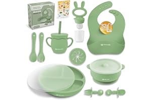 Bluubi Silicone Baby Feeding Set - Infant Tableware for First Foods & Baby, Led Weaning (0+ Months), Easy to Clean, Durable, Perfect for Baby Boy or Girl, Solid Feeding - Olive - Standard