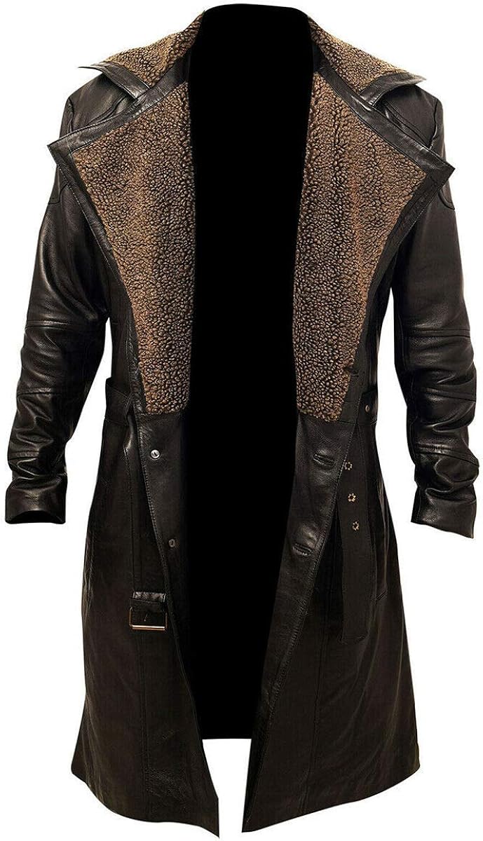 German WW2 Brown Belted Leather Trench Coat Men/German Long Winter Coat