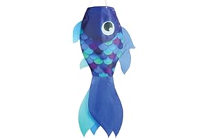 In the Breeze 5219 — 30-inch Cool Damsel Fish Windsock — Colorful Blue Fishsock Hanging Garden Décor with Detailed Printed Graphics