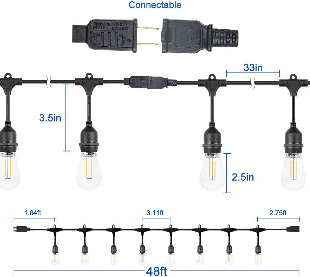 Outdoor Linkable 48ft ETL Approvaled led Heavy-Duty Light String with 15+1(Spare) 2W Energy-Saving PC Shatterproof Bulbs 3000K Warmwhite for Patio Garden Backyard Porch: Home Improvement