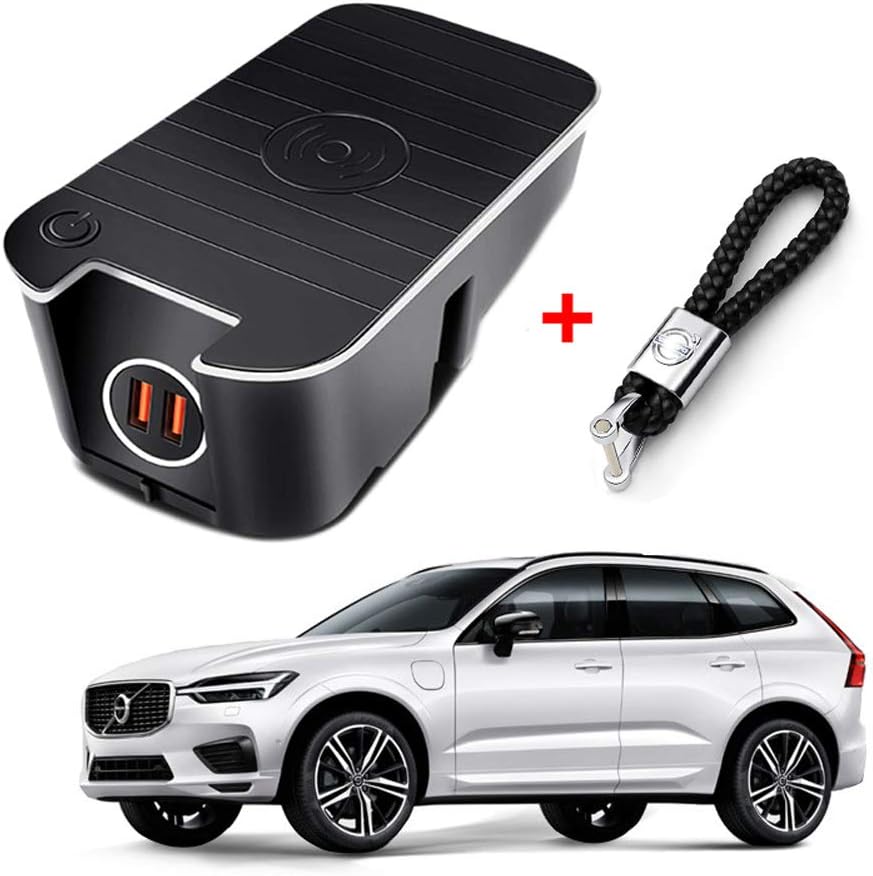Car Wireless Charger Unit for for Volvo XC90 XC60 S90L V90 Charging Mount Concealed Cable to Cigarette Lighter Plug Adapter Instead and Compatible QI Smart Phone Wireless Charger and Leather Keychain
