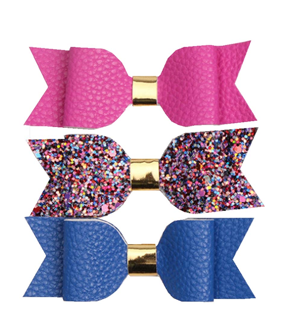 Girl Big Bow Faux Leather Glittery Hair Clip Set Multicolor Hairpin for Toddler/Girl/Adult 3 PCS (set 01)