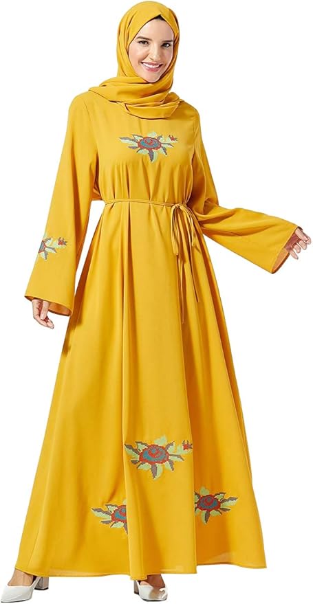 MEYINI Women Muslim Long Dress - Elegant Embroidered Long Sleeve Party Gown Arabic Abaya Islamic 