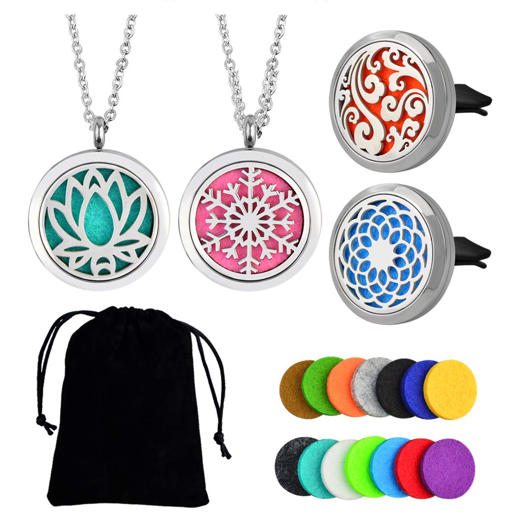 Aromatherapy Essential Oil Diffuser Set, heliltd 2PCS Car Diffuser Vent Clip and 2PCS Essential Oil Perfume Diffuser Necklace Stainless Steel Locket Air Freshener (30mm)