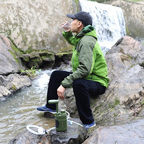 SurviMate Portable 0.01micron Water Filter Pump with 3 Filter Stages for Hiking Camping Travelling and Emergency use-Water Purifier Pump with activated carbon filter 2 Replaceable Pre-Filter