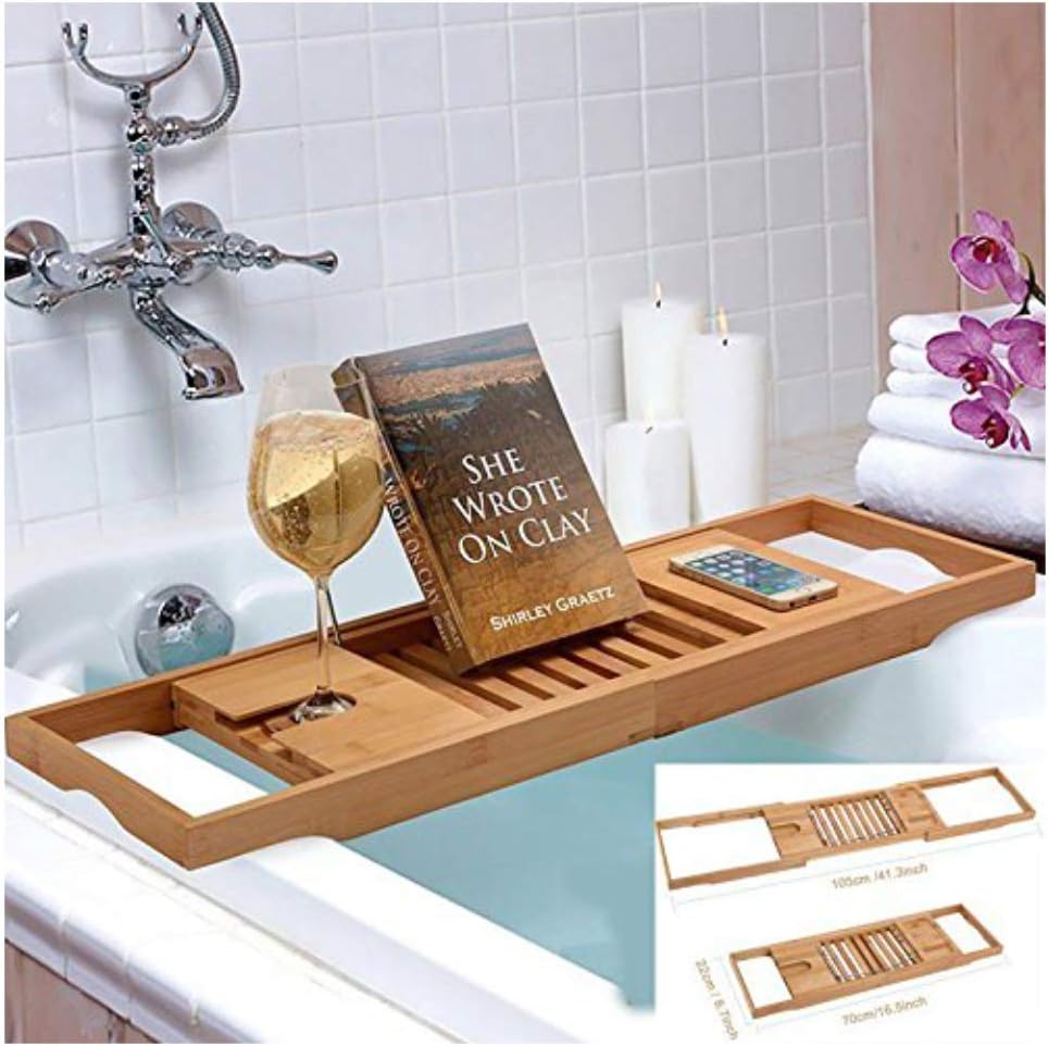 Bamboo Bathtub Rack Shelf Caddy Tray Wine Holder Book Stand Expandable (legendary-yes)