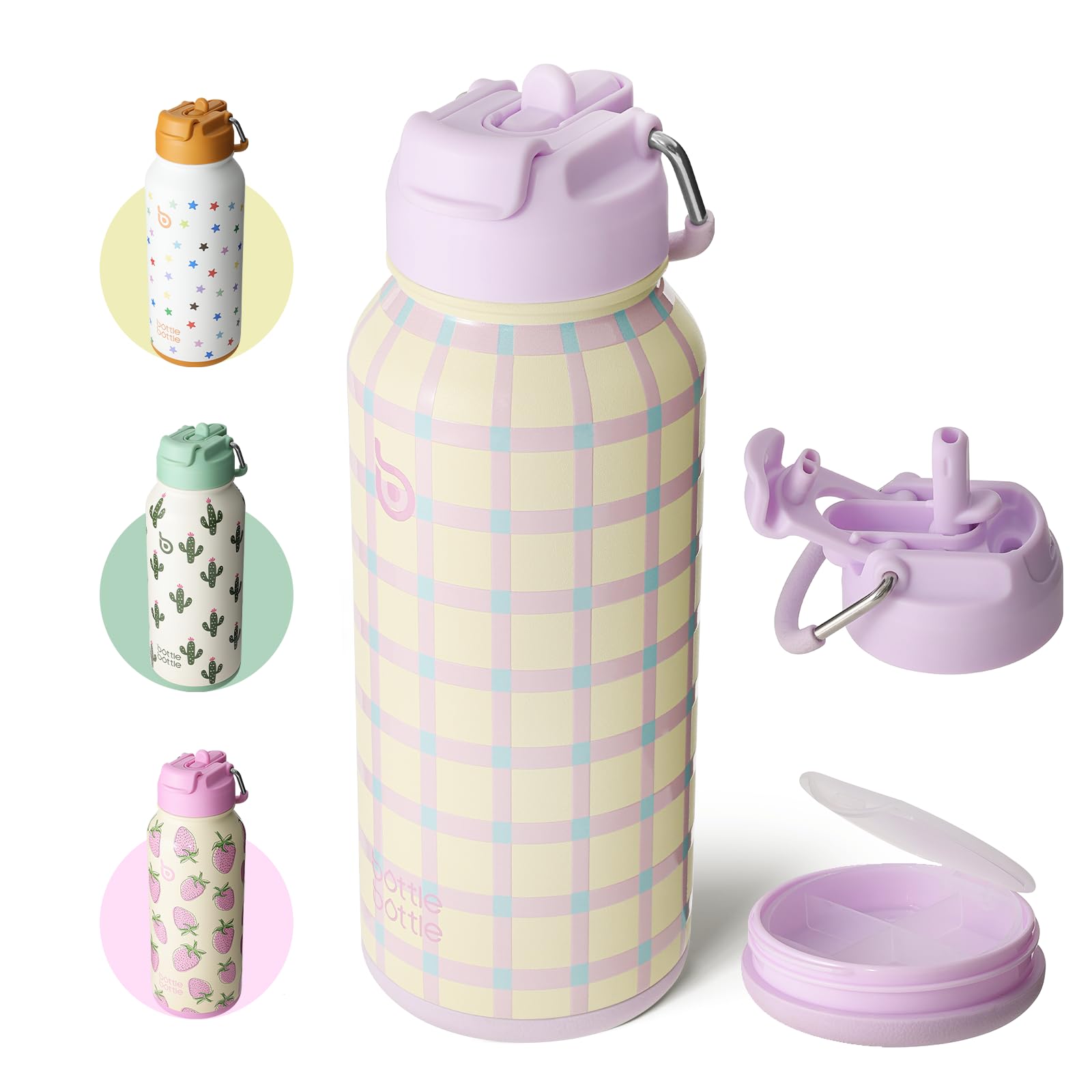 BOTTLE BOTTLE 32oz Insulated Water Bottle Stainless Steel Sport Water Bottle with Straw Dual-use Lid Design for Gym with Pill Box (VivaBands) Image