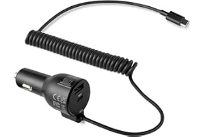 �鶹�� Basics Fast-Charging Car Charger, 1 USBC+1 USB-A +1 Built-in Coiled Cable USB-C, 60w, 1.3 x 1.7 x 3 inches, Black