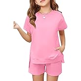 Haloumoning Girls 2 Piece Summer Outfits Kids Short Sleeve T-Shirts and Elastic Waist Shorts Clothing Sets