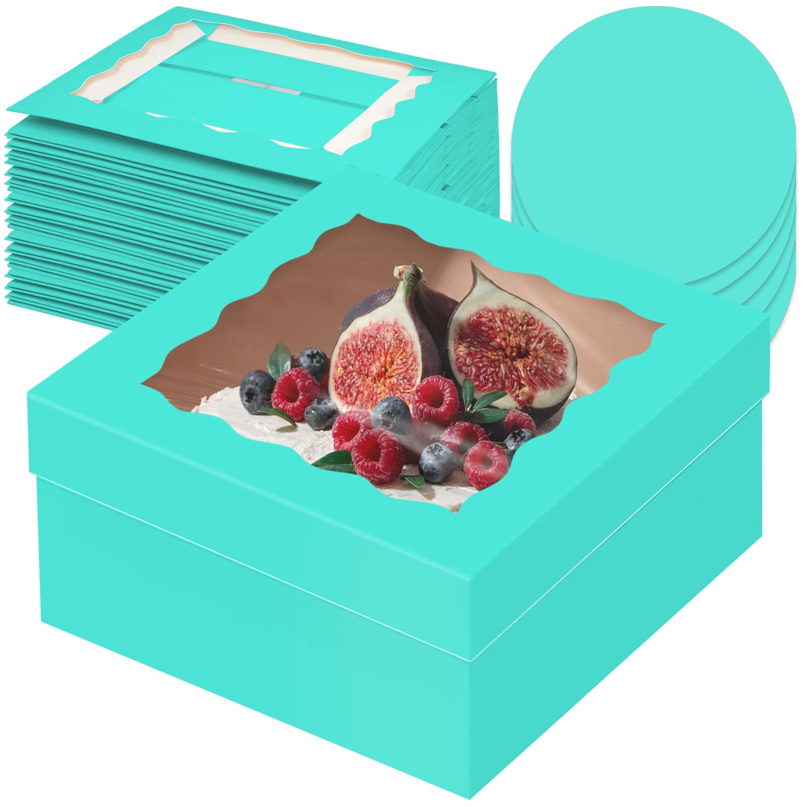 Gcardist 12x12x6 Inch Cake Box, 5 Sets Mint Blue Cake Box with Window ＆ 5 Sets 12 Inch Mint Blue Cake Round Boards, Cake Containers(30.5x30.5x15.2cm)