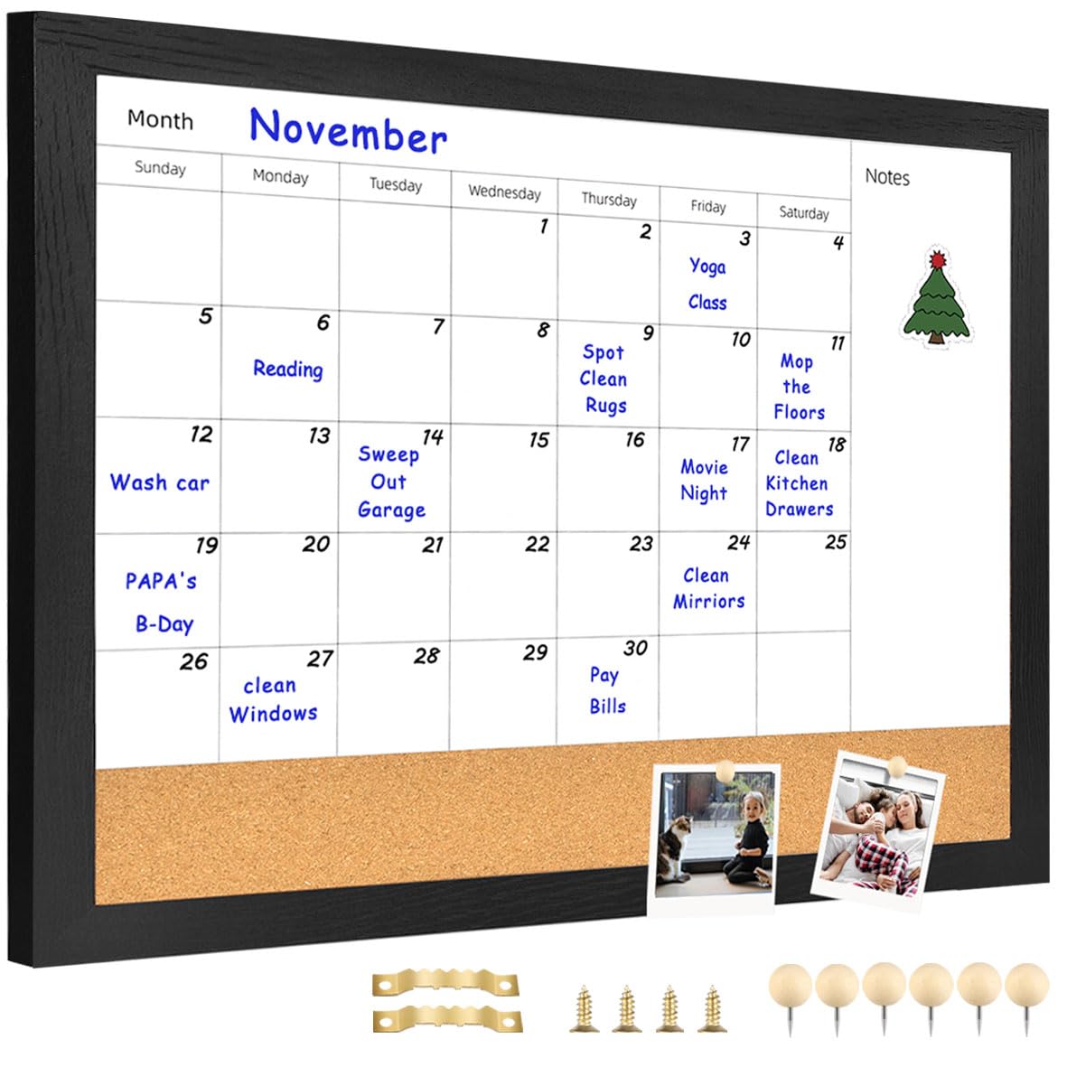 Umtiti Monthly Calendar Dry Erase White Board & Cork Bulletin Board，13" x 17" Black Wood Frame，Magnetic Surface Whiteboard.Perfect for Organizing Your Space.Whiteboard+Cork-3343B-BK