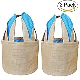 Easter Eggs Basket Bunny Baskets for Kids with Cross-stitch Line Burlap Gift Bag Round Tote Jute Bags for Embroidery DIY Daily Use (2 Pack, Blue) FH04BL
