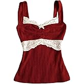 Women's Lace Trim Cami Tops Cable Knit Fairy Grunge Camisole Top Coquette Aesthetic Clothes