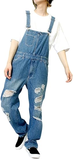 Amazon オーバーオール メンズ ダメージ デニム リラックス サロペット オールインワン F ブルーb 4 ロングパンツ 通販
