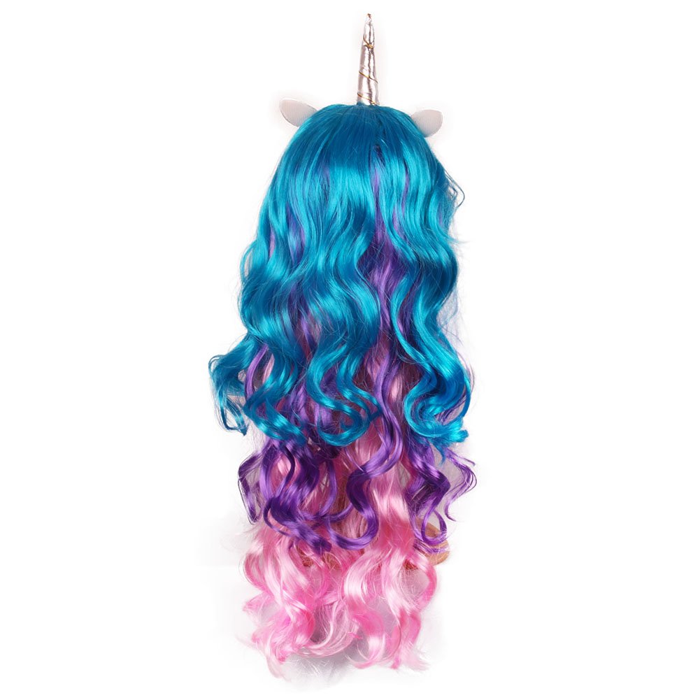 MIMIEYES Unicorn Horn Wig with Ears Headband Hairpiece Rainbow Long Curly Wigs for Halloween Party Cosplay Costume (Silver Horn)