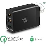 Puridea 3 Port USB Wall Charger 30W Quick Charger 3.0 [QC 3.0 + 2.4A USB] , SmartID Technology , Portable Fast Charger Foldable Plug for iPhone X/ 8/ 7/ 6/ Plus/ 5/ SE, iPad, Samsung, LG, Google Pixel