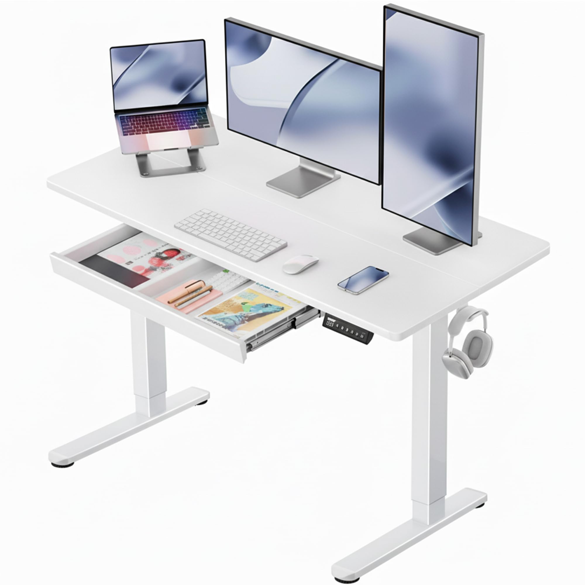 ErGear 48 x 24 inch Electric Standing Desk Adjustable Height with Drawers, 4 Memory Height Settings, Sit Stand Up Desk for Home Office & Computer Workstation, White Image