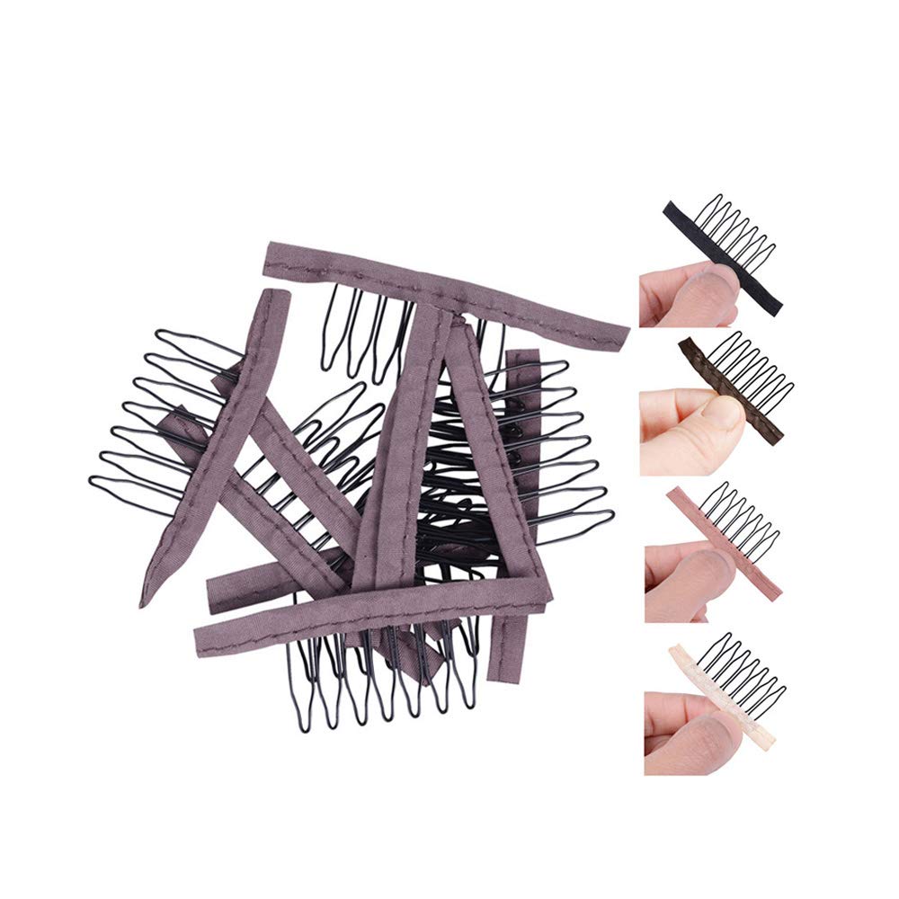 24 pcs/lot Wig Combs Clips 7-teeth Steel Teeth Polyester Durable Cloth Accessories for Wig Caps (Brown)