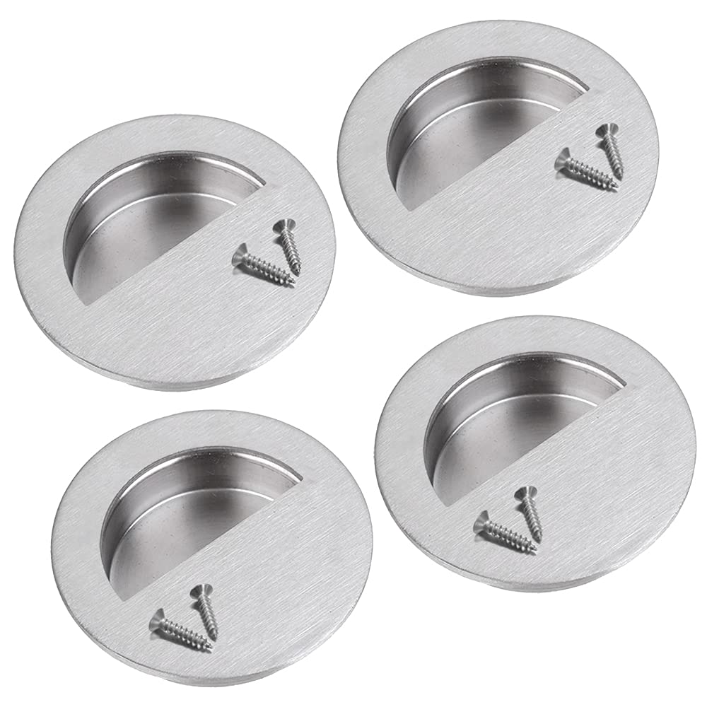 Mesee 4 Pieces Recessed Door Handles 60mm Stainless Steel Round Flush Sliding Pull Cabinet Handle Hidden Finger Pulls Circular Drawer Handles with Concealed Screws for Dresser Closet Door Handle