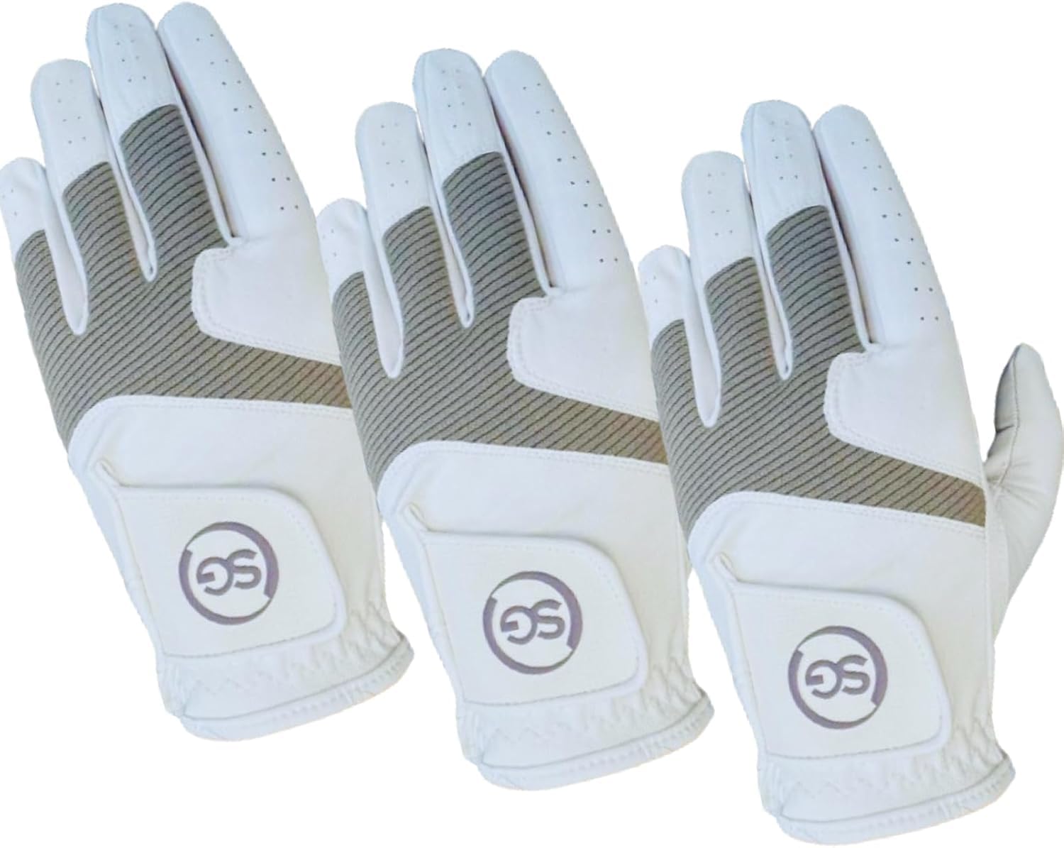 Pack of 3 Synthetic microfiber Men's Golf Gloves Cabretta Leather Thumb, Palm Patch, Suitable for All Weather Conditions, Soft Feel Grip, Left/Right Handed Golfer, White&Grey Pilot (XL, Left)