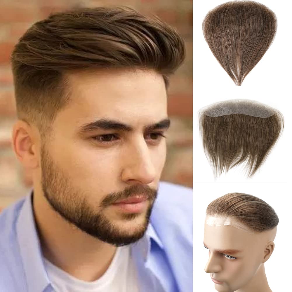 Lordhair V-Shape Frontal Hairpiece for Men, Natural Human Hair System with PU Thin Skin for Receding Hairline Coverage