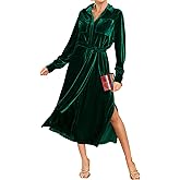 R.Vivimos Women's Fall Long Sleeve Velvet Casual Dresses Button Down Loose Slit Shirt Midi Dress with Belt